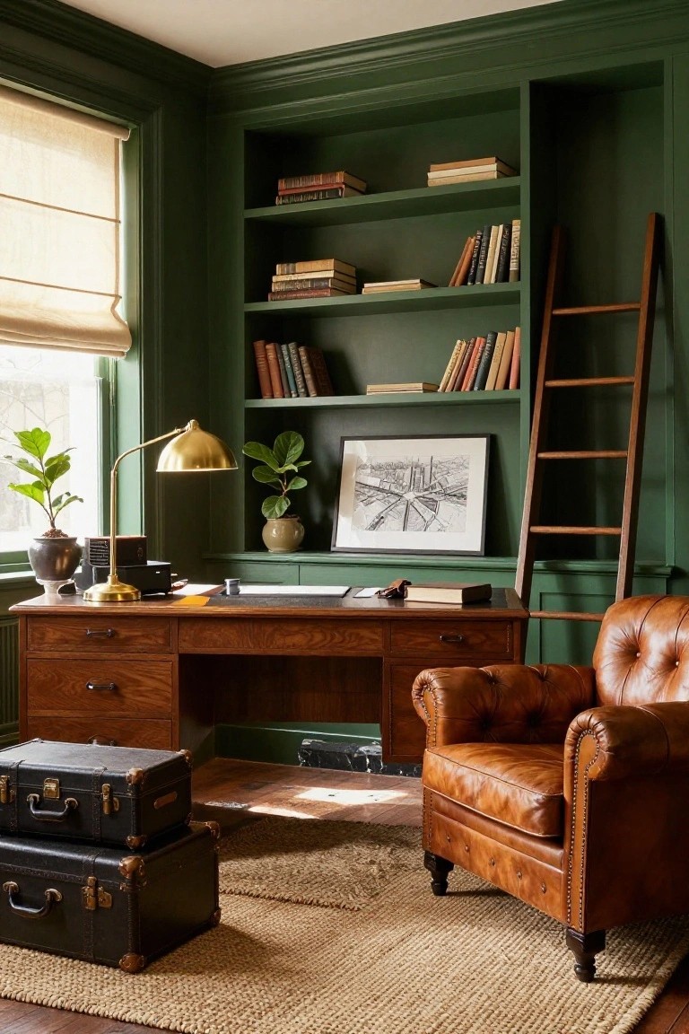 A dark green home office with built-in bookshelves, a wooden desk, brass lamp, framed print, brown leather armchair, and stacked trunks on a woven rug.