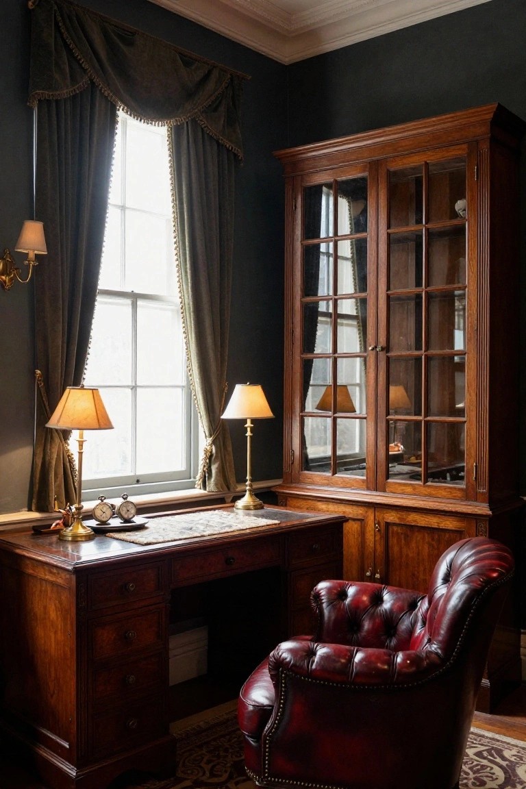 Interior view of a home office with a dark wood desk under a window with green curtains, two brass lamps, a tufted red leather chair, and a tall wooden glass-front cabinet against navy walls.