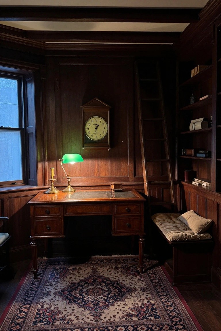 A dimly lit home office with dark wood paneling, a wooden desk under a green lamp, a wall clock, built-in bookshelves, and a leaning ladder on a patterned rug.