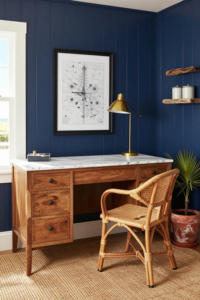 A wooden desk with a marble top sits against a deep blue paneled wall, with a rattan chair in front and a brass lamp on the desk.
