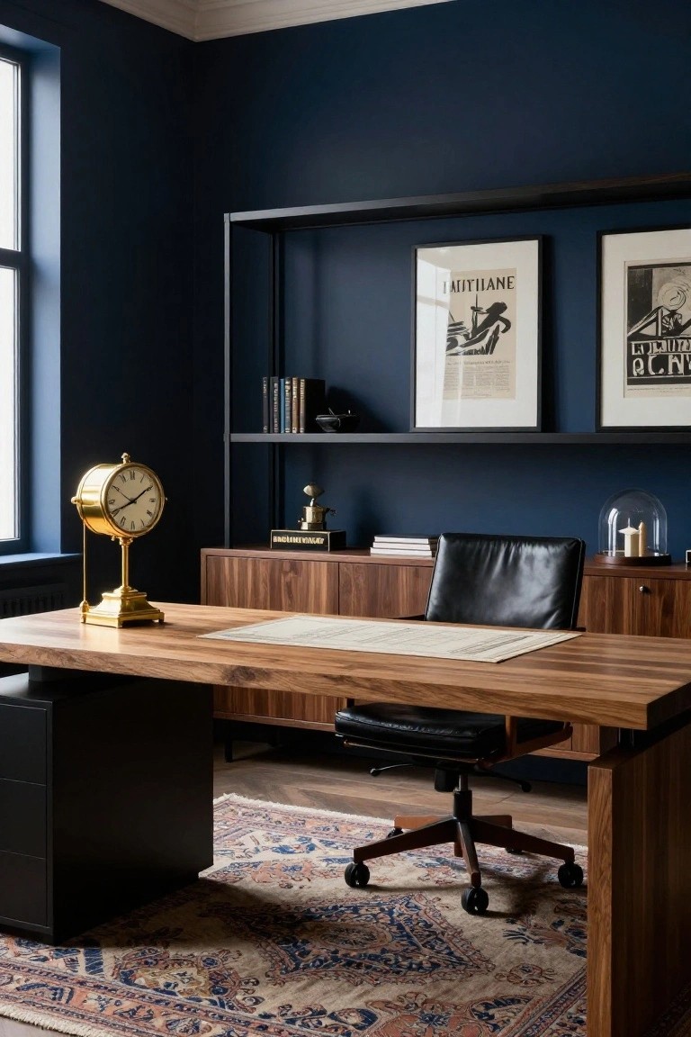 A home office featuring a wooden desk against a dark blue wall with built-in shelves, a black leather chair, and framed artwork.
