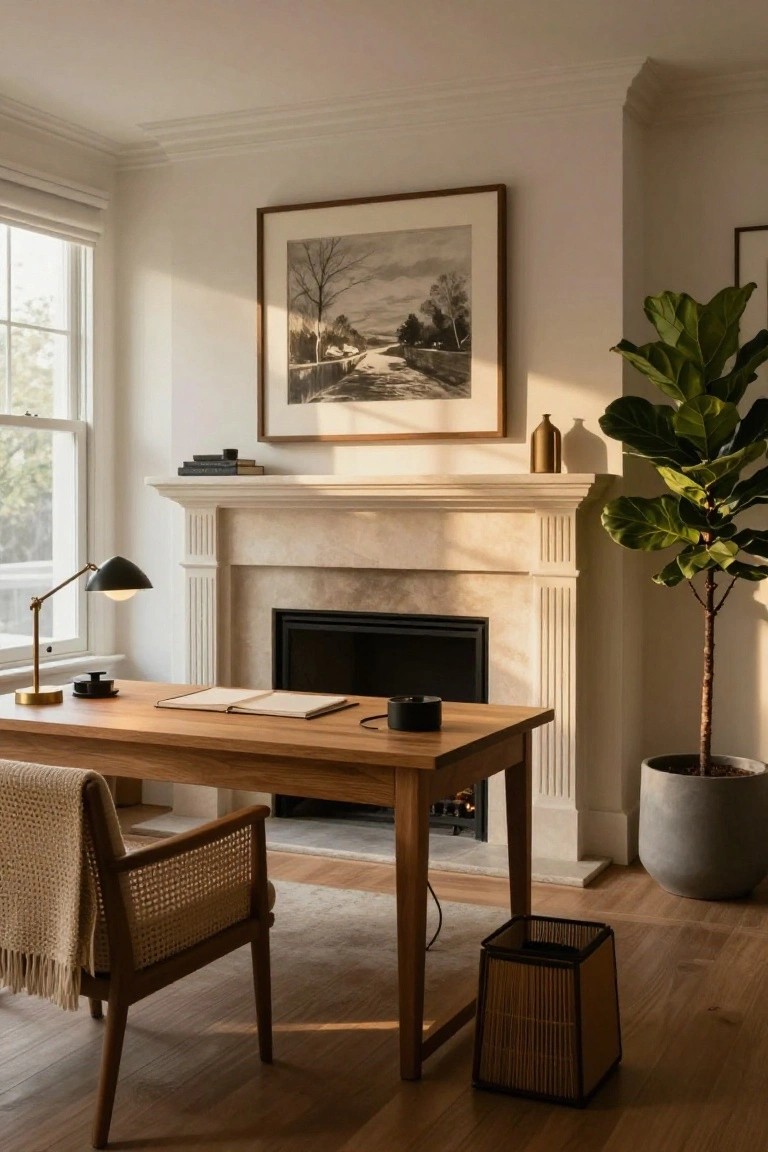 A wooden desk with an open notebook is positioned in front of a marble fireplace mantel, with a woven chair to the left and a large potted plant to the right.