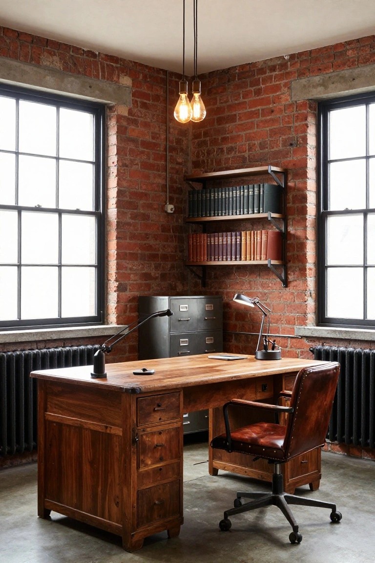 A home office with a large wooden desk, brown leather chair, exposed red brick walls, and wall-mounted bookshelves.