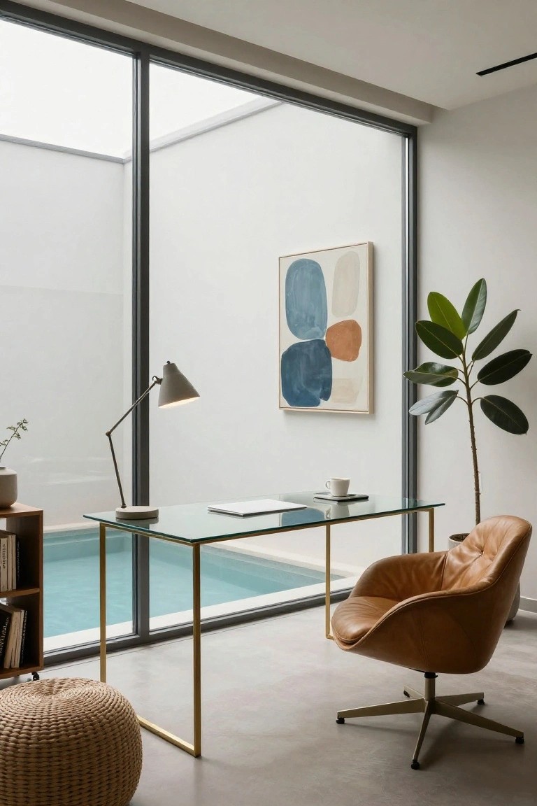 A modern home office with a glass desk and gold frame positioned in front of large windows overlooking a pool, next to a brown leather swivel chair.
