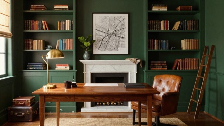 A dark green home office with built-in bookshelves, a wooden desk, brass lamp, framed print, brown leather armchair, and stacked trunks on a woven rug.