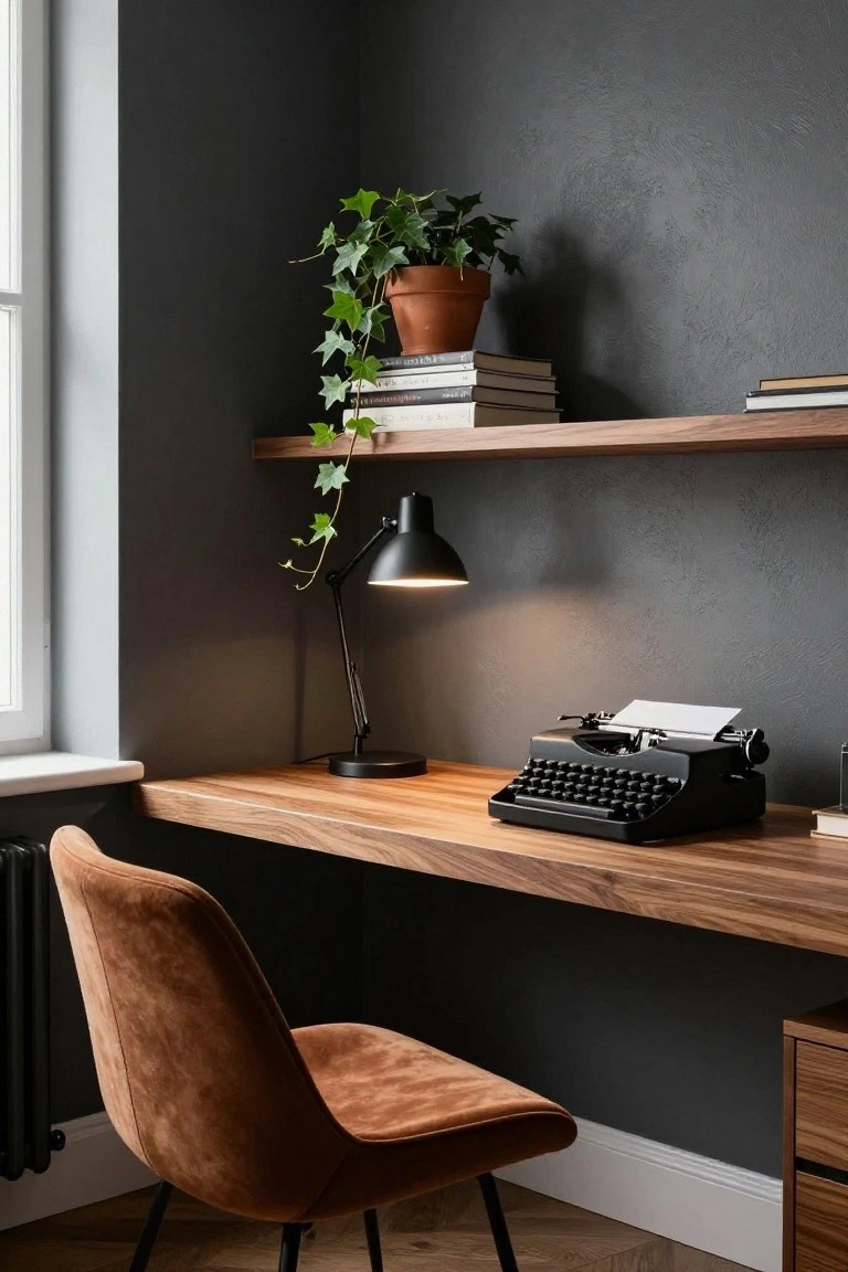 A wooden desk against a dark wall with a black typewriter, desk lamp, and brown upholstered chair, plus a floating wooden shelf above holding stacked books and a potted trailing plant.