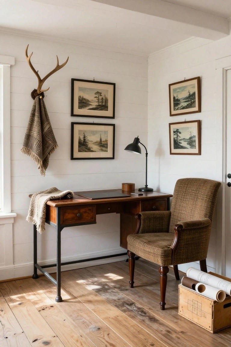 A wooden desk sits against a white paneled wall beneath three framed landscape prints, with a brown upholstered armchair nearby, a black desk lamp, and antlers holding a blanket on the left side.