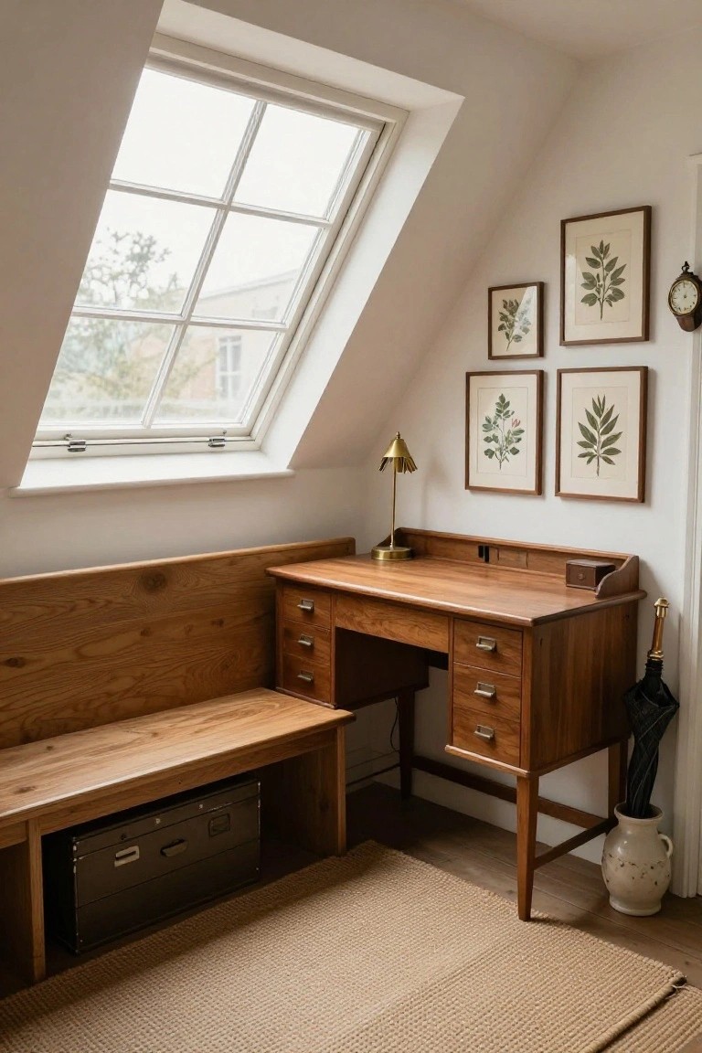 An attic office with a wooden desk and matching bench under a skylight, along with framed botanical prints on the wall.