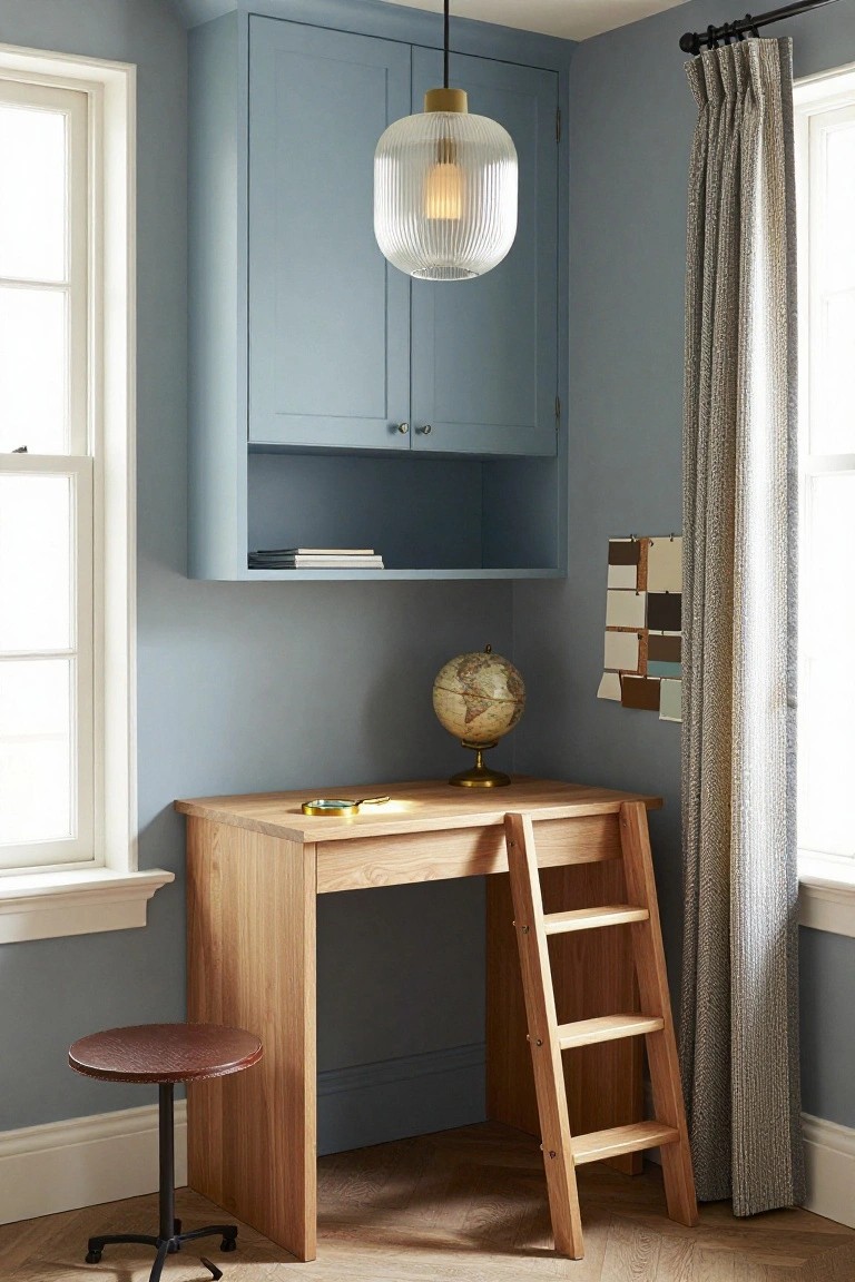 A light wood desk sits under blue wall cabinets with a wooden ladder leaning against it and a globe on the desktop.