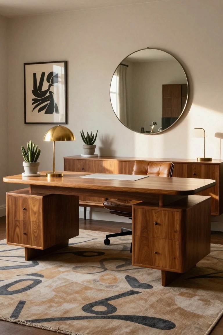 A large wooden desk with side cabinets sits on a patterned rug in front of a wooden credenza, with a round mirror hanging above it.