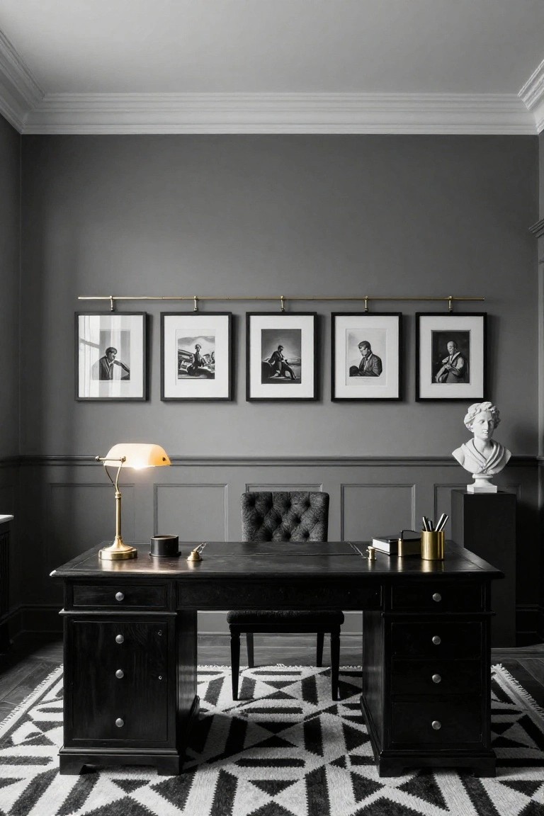 A dark gray office wall displays five black and white framed photographs in a row on a brass picture rail above a large black wooden desk with a lit brass lamp.