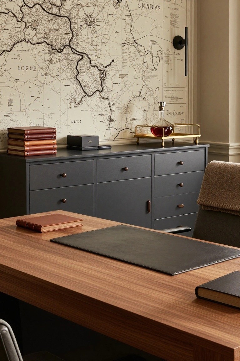A home office featuring a wooden desk with a leather blotter, a gray cabinet below a large vintage map on the wall, and a decanter set on top of the cabinet.