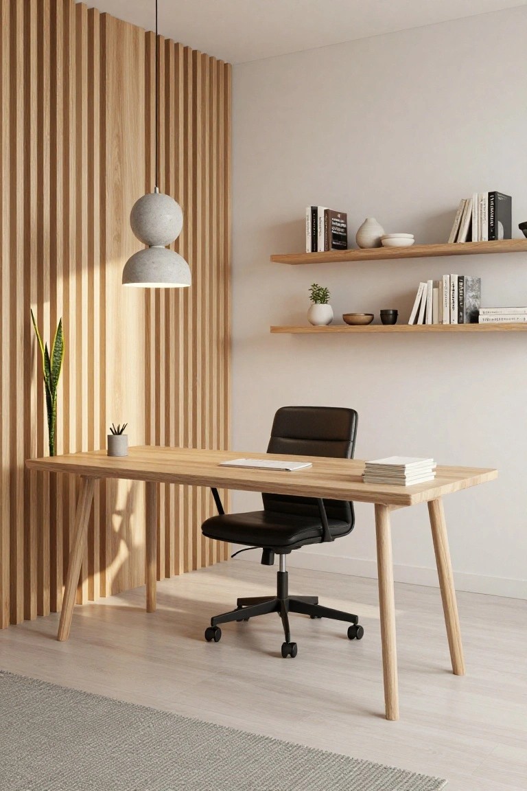 A home office with a light wood desk, black rolling chair, vertical wood slat wall on the left, floating shelves on the right, and a two-sphere pendant light overhead.