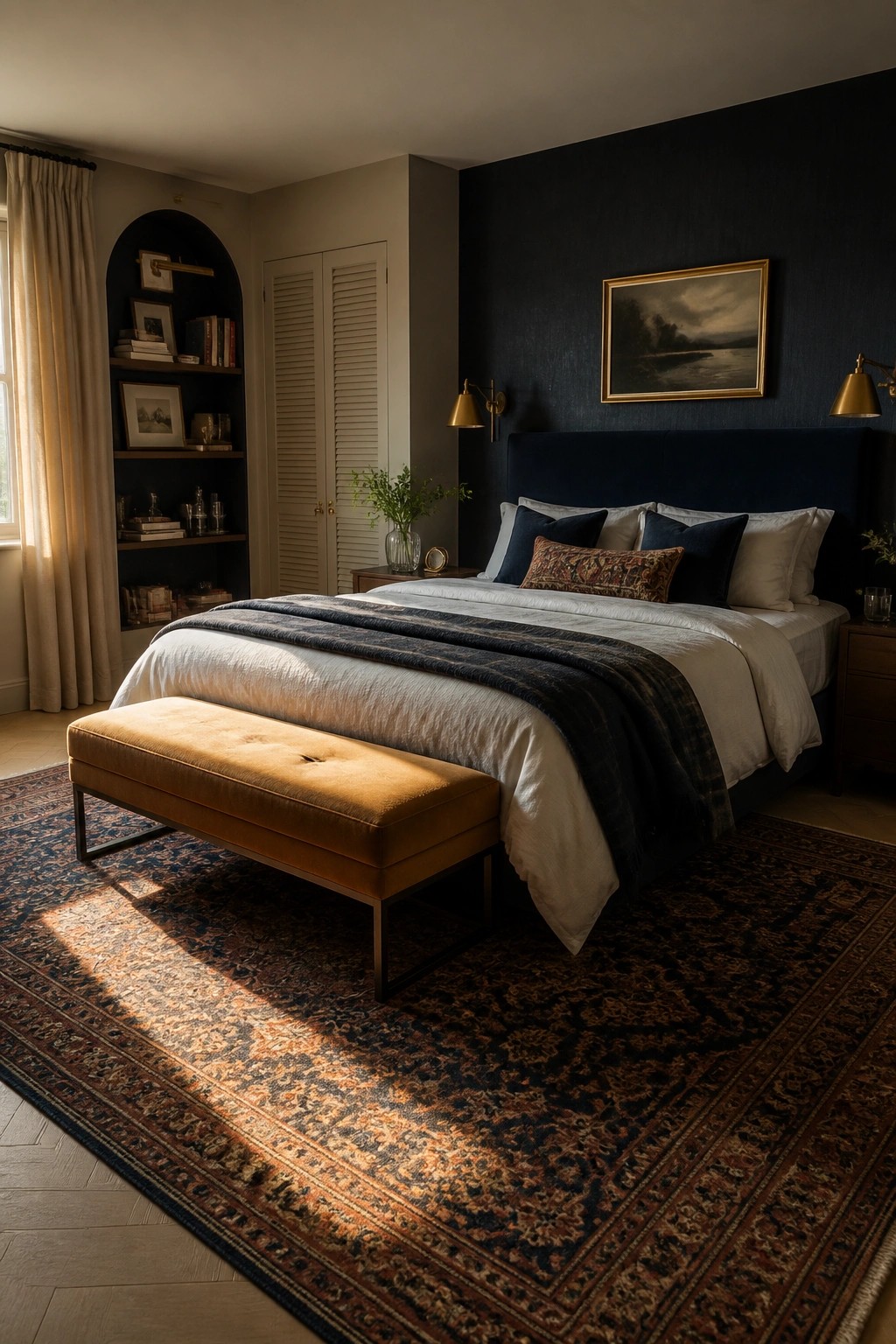 A bedroom featuring a dark blue accent wall behind a large bed with white bedding and navy pillows, a mustard-colored bench at the foot of the bed, and a patterned area rug covering the floor.