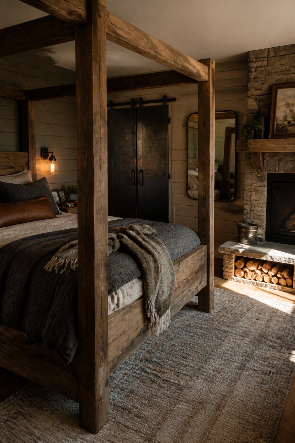 A bedroom with a large wooden four-poster bed dressed in dark gray linens, positioned beside a stone fireplace with stacked firewood.