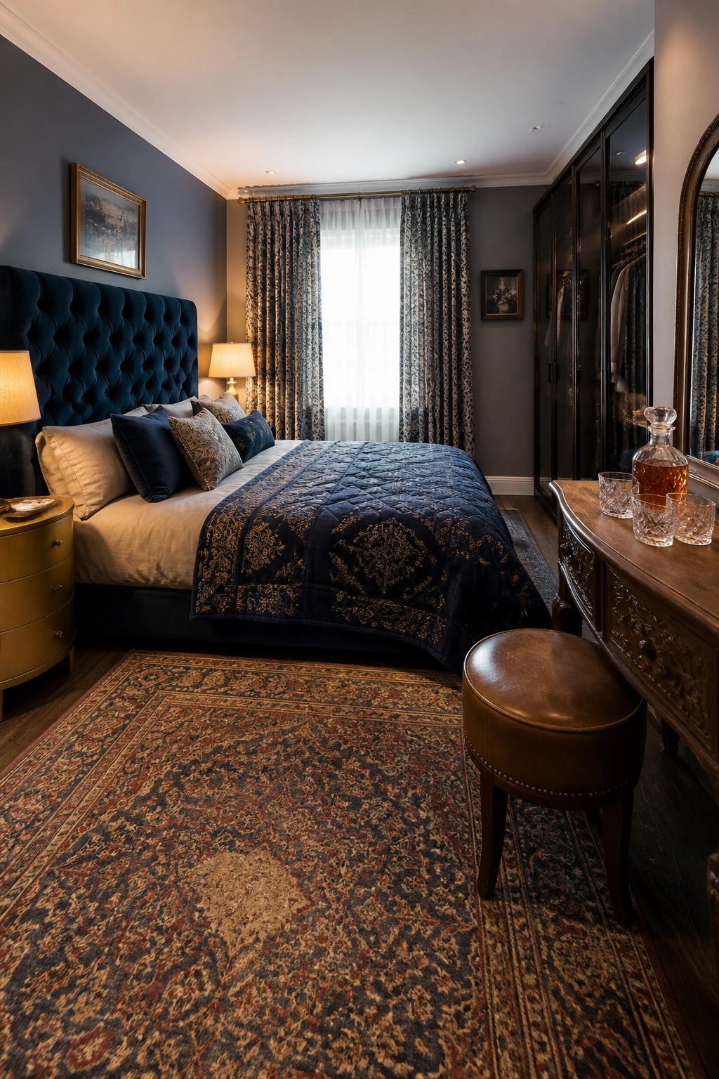 A bedroom with a large bed featuring a navy tufted velvet headboard, navy quilted bedding, patterned curtains, a large oriental rug, and dark wood furniture including a vanity and wardrobe.