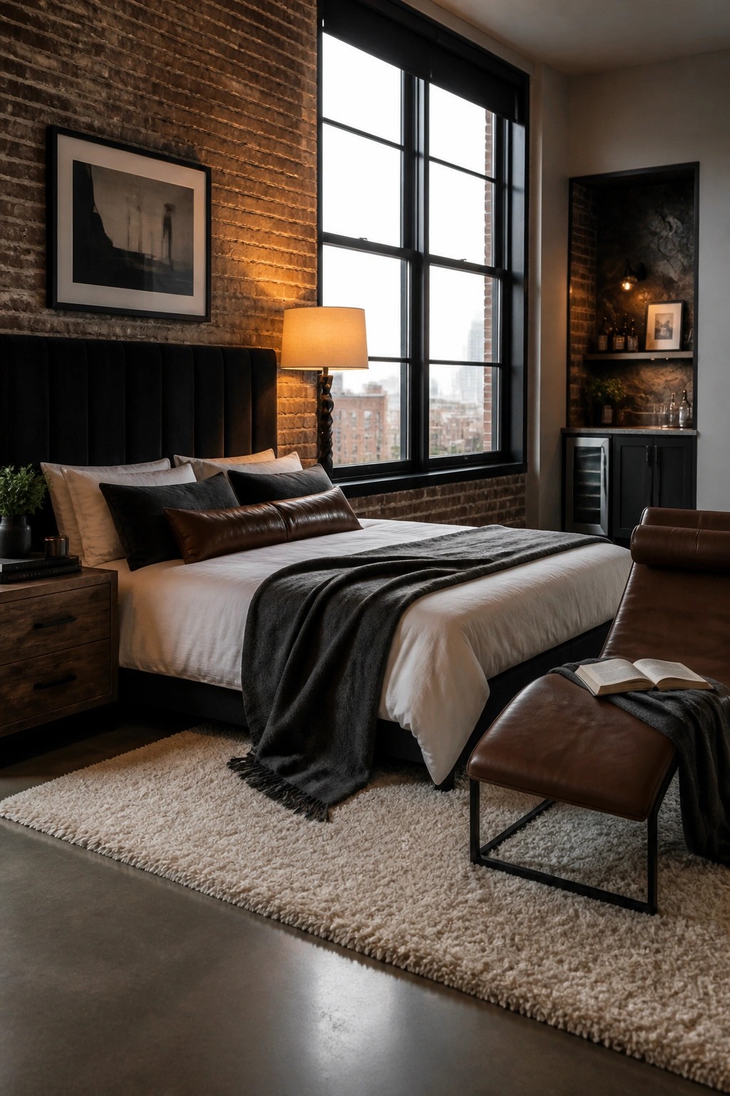 A bedroom with a large bed against a brick wall, a tall black-framed window, and a recessed niche containing a wine refrigerator and shelves.