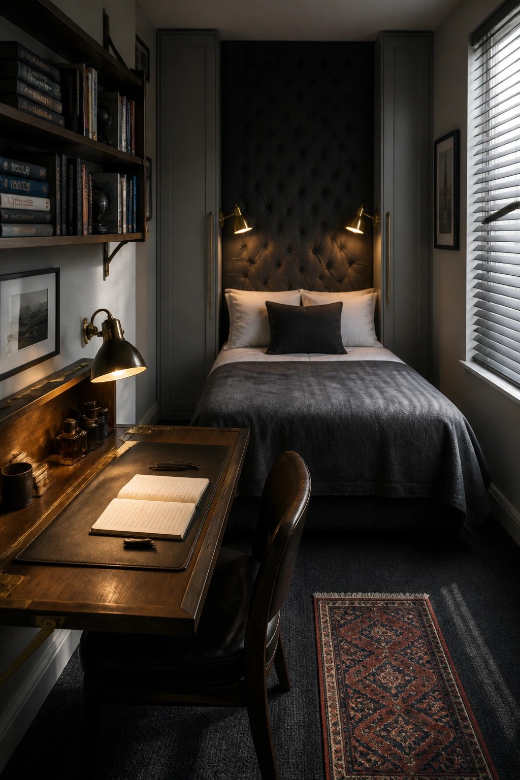 A compact bedroom with a dark wooden desk holding an open notebook, a leather chair, and a bed with a tufted headboard against the back wall.