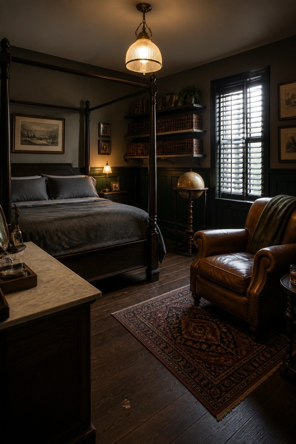 A bedroom with a four-poster bed, brown leather armchair, built-in bookshelves, globe, and patterned rug on dark wood floors.