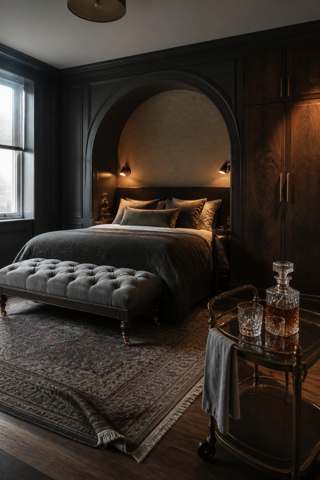 A bedroom with a bed placed inside a large dark arched alcove, dark paneled walls, a tufted bench at the foot of the bed, and a bar cart with glassware in the foreground.