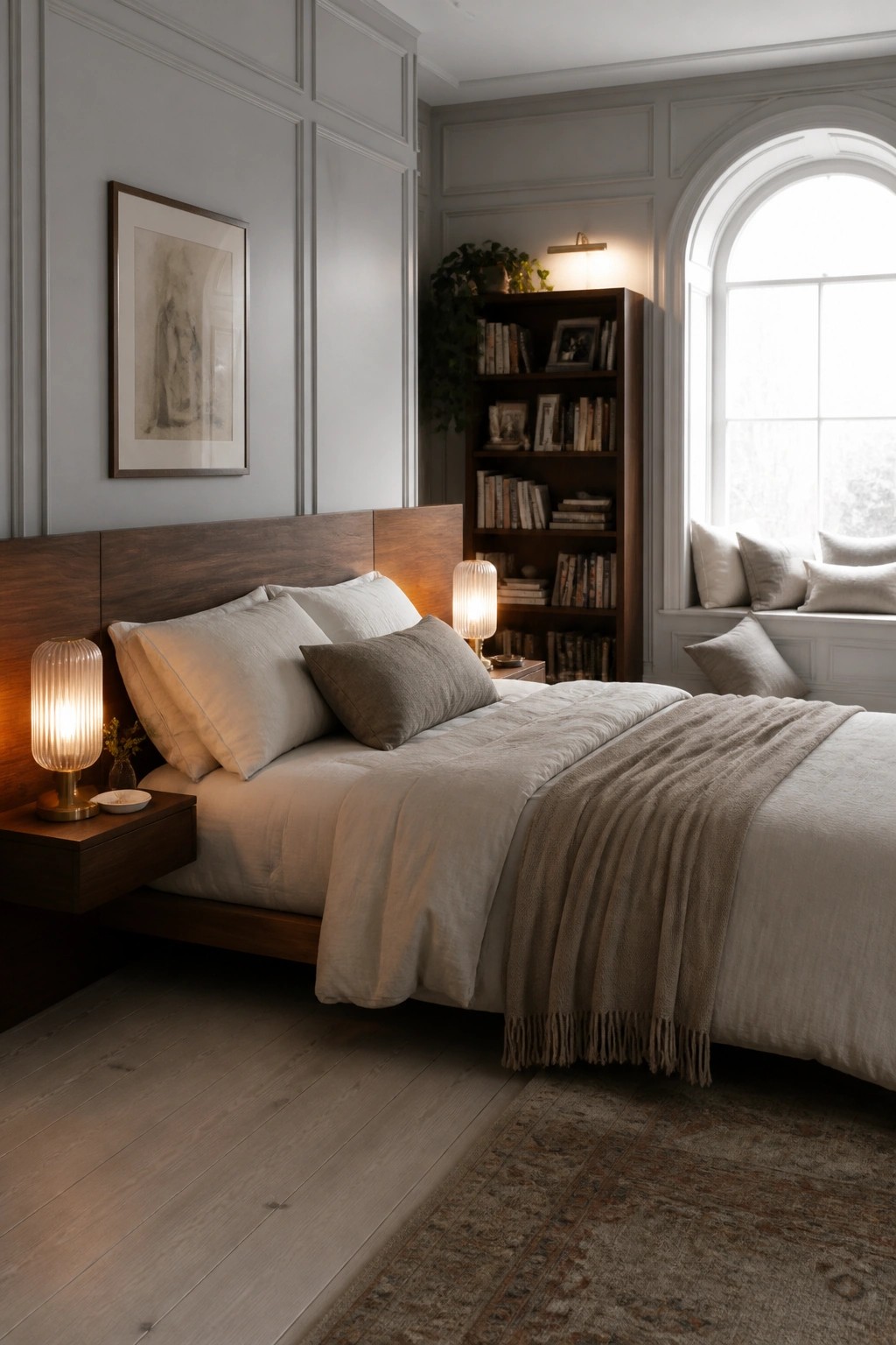 A bedroom featuring a wooden bed with neutral linens, a tall built-in bookshelf filled with books, and an arched window with a window seat.