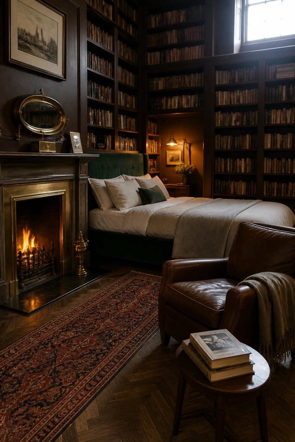 A bedroom featuring dark wood built-in bookshelves covering most walls, a green upholstered bed, a lit fireplace, a leather armchair, and a red patterned rug on herringbone wood flooring.
