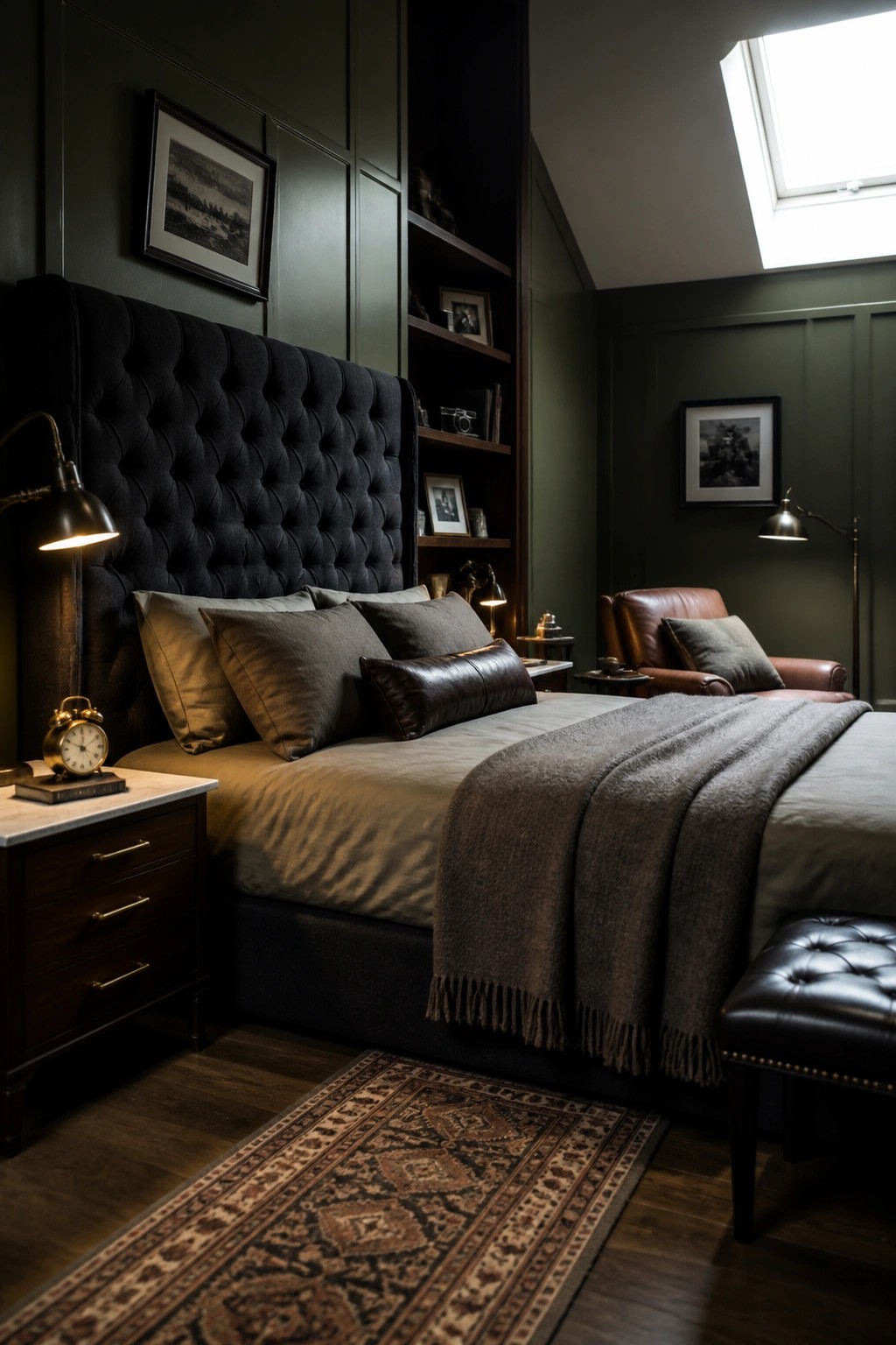 A bedroom with dark green paneled walls, a large black tufted headboard, built-in shelves in a niche beside the bed, and a gray throw on the bed.