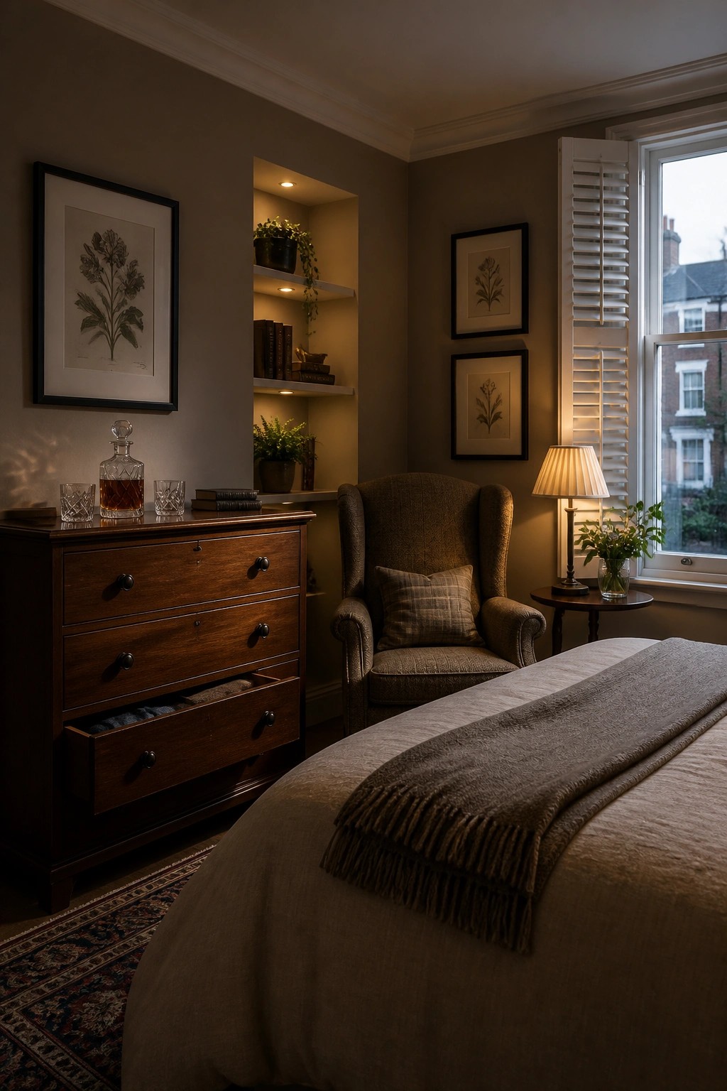 A bedroom interior showing a dark wood dresser with an open drawer, a wingback chair beside built-in illuminated shelves holding books and plants, framed botanical prints on the walls, and a bed with a gray throw.