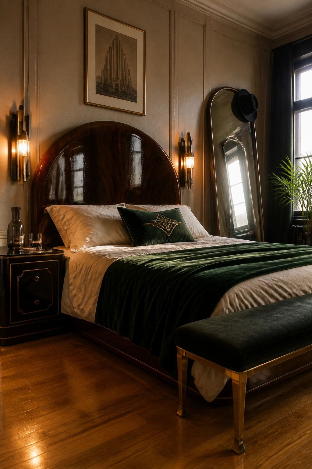 Elegant bedroom with arched dark wood headboard, green velvet bedding, and full-length mirror.