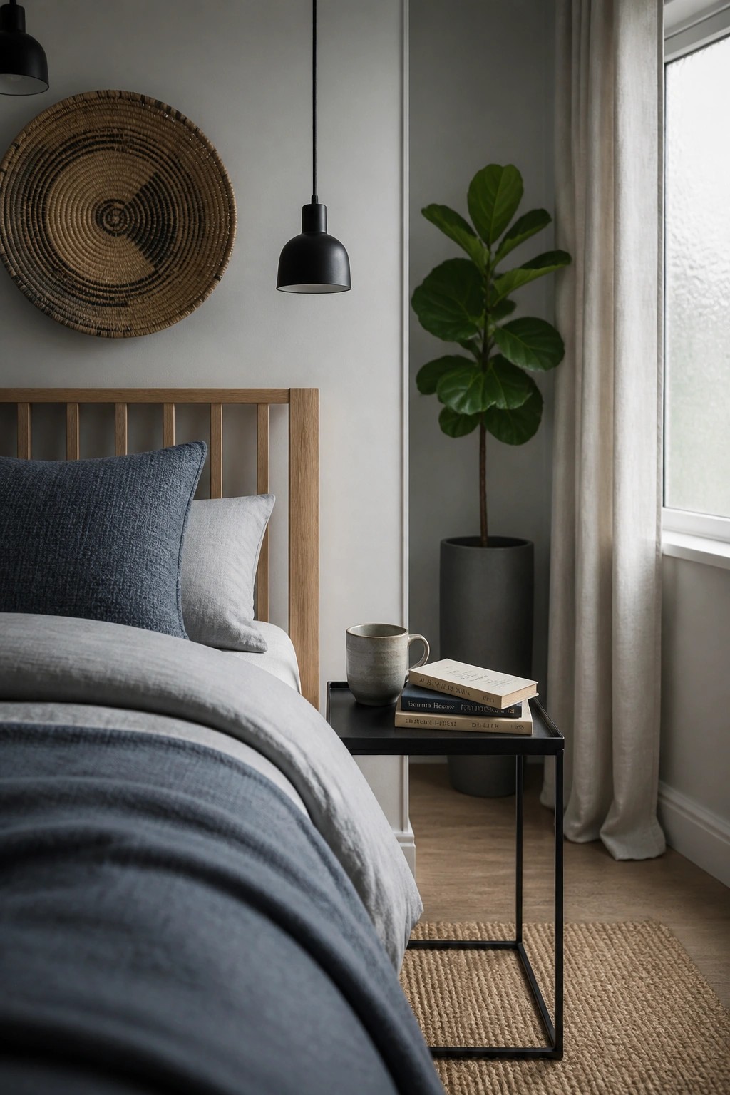 A bedroom with a light wood bed frame, blue and gray bedding, a black metal nightstand holding books and a mug, a woven wall basket, and a potted plant beside a window.