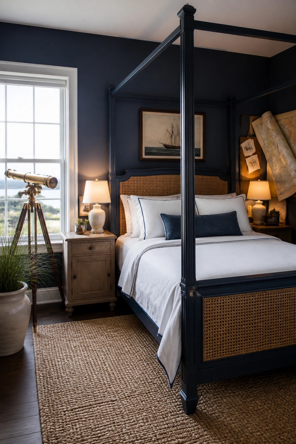 Navy four-poster bed with cane panels in nautical bedroom with telescope and maps.