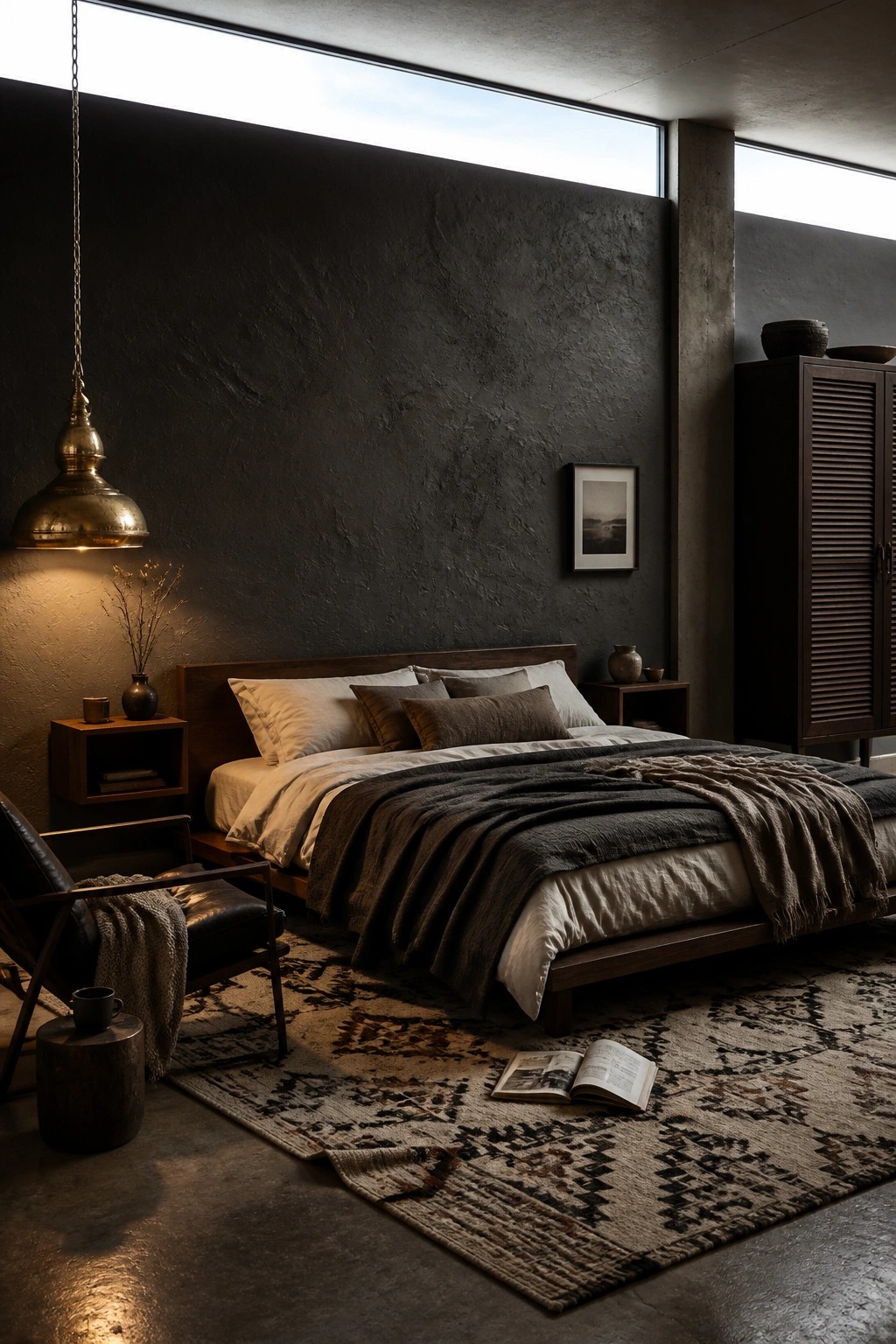A bedroom featuring a large dark textured accent wall behind a wooden bed with layered white and brown bedding, a brass pendant light hanging on the left, and a patterned rug covering part of the concrete floor.
