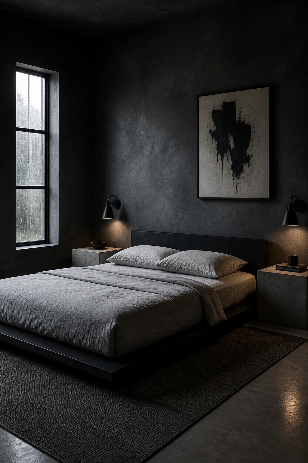 A bedroom with black walls, a low dark wood platform bed with gray bedding, two concrete nightstands, wall sconces, and a large abstract painting above the bed.