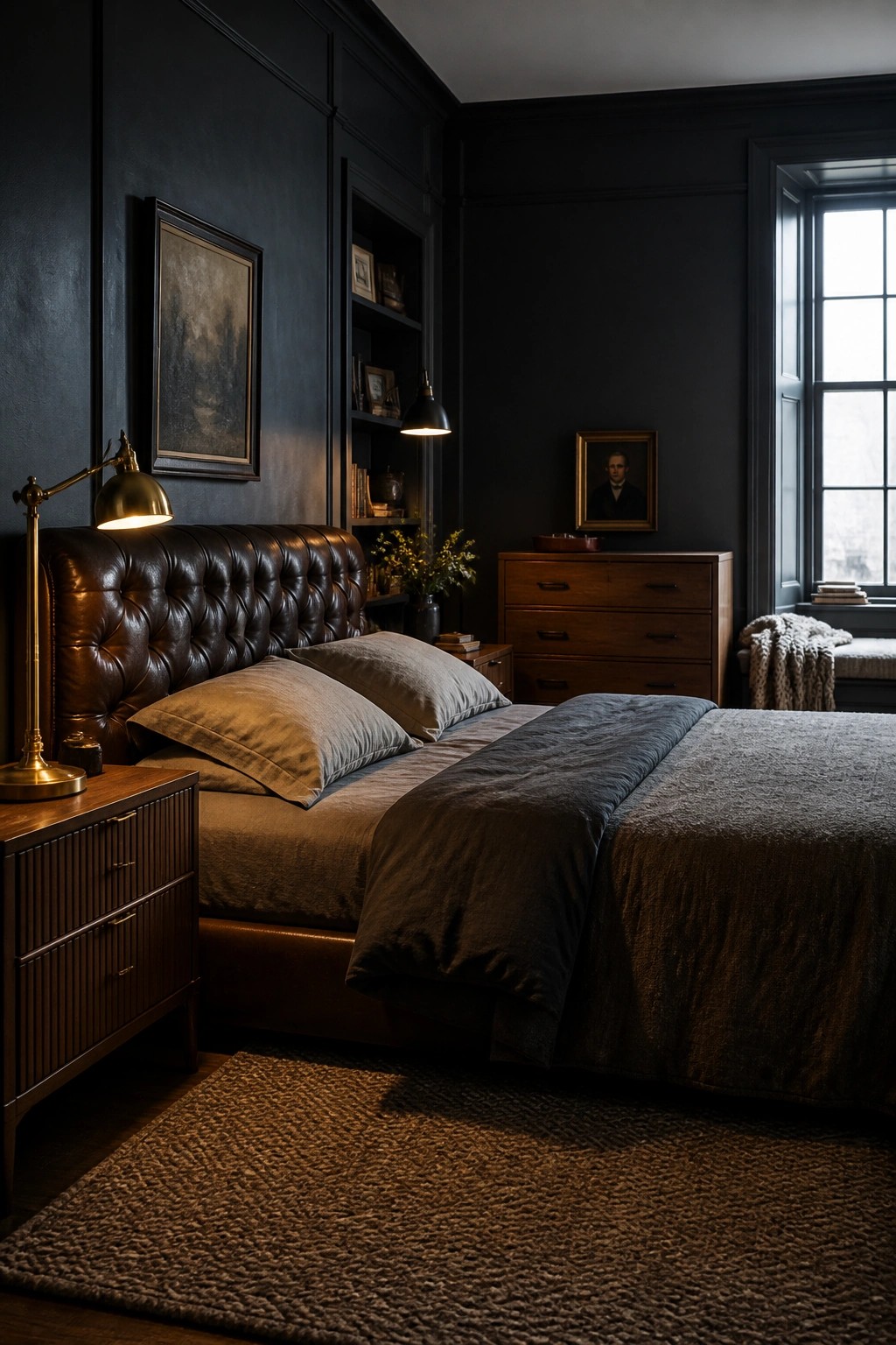 A bedroom with dark walls, a brown leather headboard on the bed, gray bedding, a brass lamp on a wooden nightstand, and built-in shelving on the back wall.