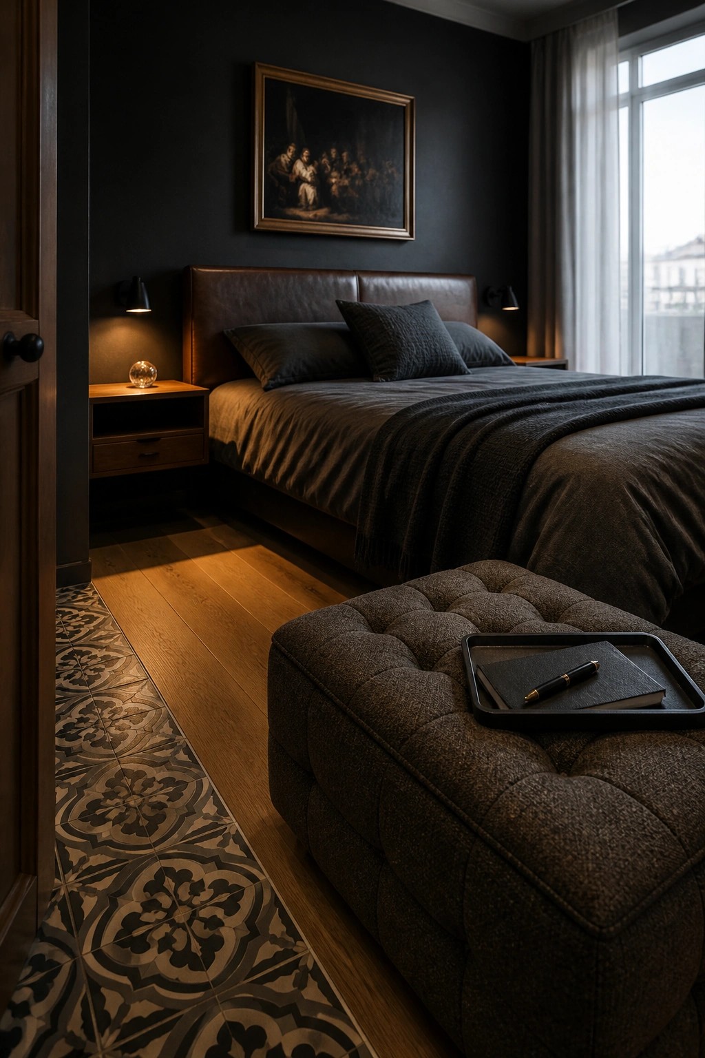 Dark bedroom with leather bed, tufted ottoman tray holding notebook, patterned rug.