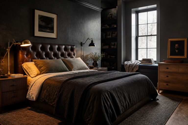 22 Timeless Gentleman Bedroom Ideas That Always Look Sophisticated A bedroom with dark walls, a brown leather headboard on the bed, gray bedding, a brass lamp on a wooden nightstand, and built-in shelving on the back wall.