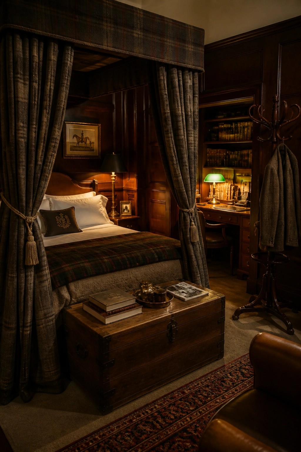 Luxurious bedroom with plaid canopy bed, wooden chest, desk, and coat rack