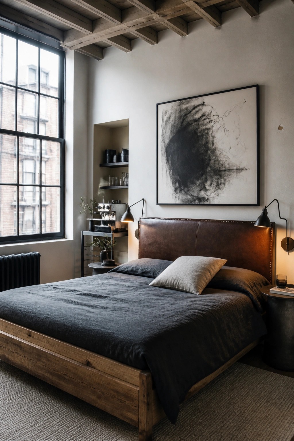 Modern bedroom with wooden bed, brown leather headboard, abstract art, and large window