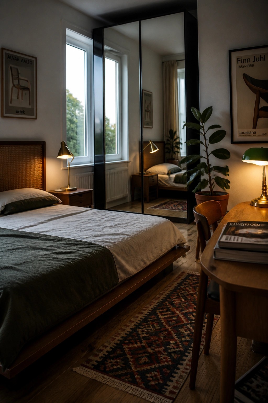 A bedroom with a wooden bed, dark green bedding, a large mirrored wardrobe reflecting another part of the room, a wooden desk with books and a green lamp, and framed posters on the walls.