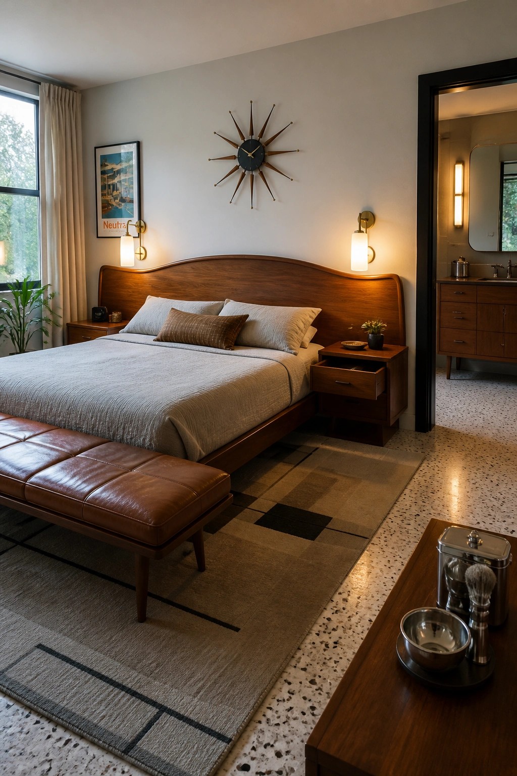 A bedroom with a wooden bed frame, gray bedding, a brown leather bench at the foot, wall sconces, and a starburst clock above the headboard.