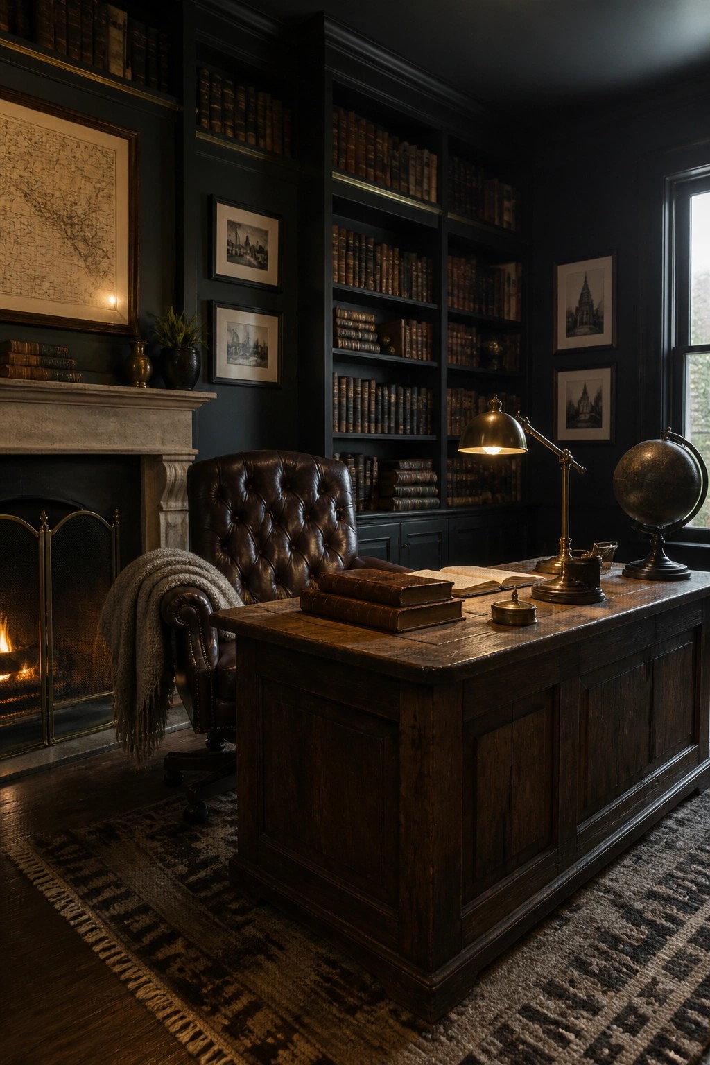 A dark masculine home office featuring a large wooden desk with a tufted leather chair, floor-to-ceiling built-in bookshelves filled with books, a fireplace on the left, and a brass desk lamp.