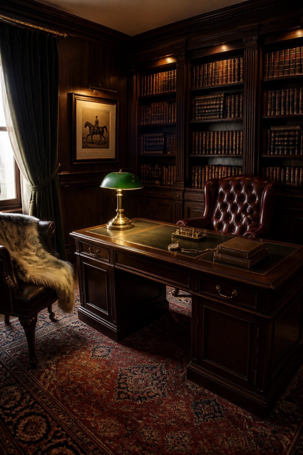 A dark wood home office featuring built-in bookshelves, a large executive desk with a green lamp, and two leather chairs on a patterned rug.