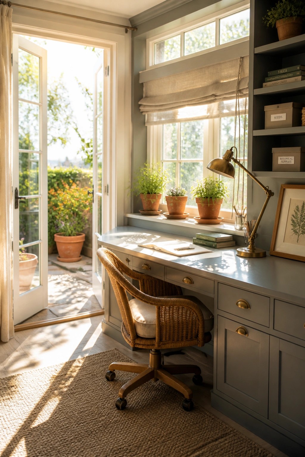 A gray built-in desk with drawers sits under a window in a home office, paired with a woven swivel chair and a brass desk lamp.