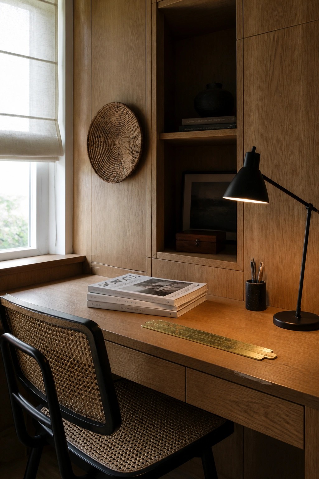 A home office with a wooden desk, built-in oak shelving and cabinets, a black desk lamp, and a black chair with cane webbing.