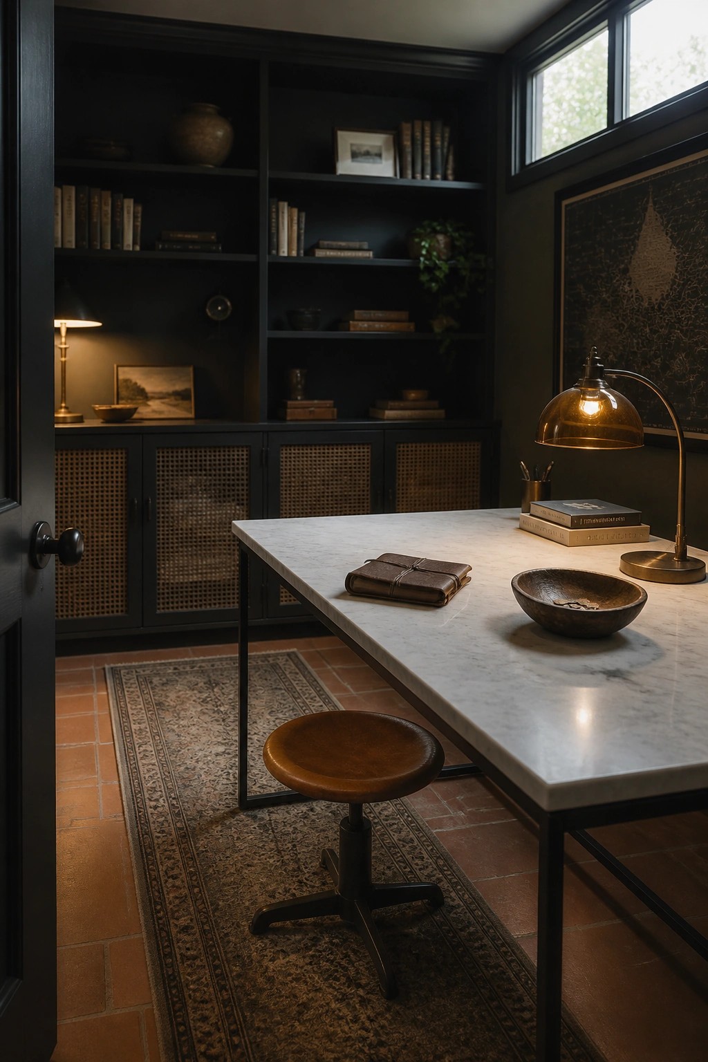 A home office with dark built-in shelving and cabinets, a white marble desk, a brown leather stool, and a lit desk lamp on a terracotta tile floor.