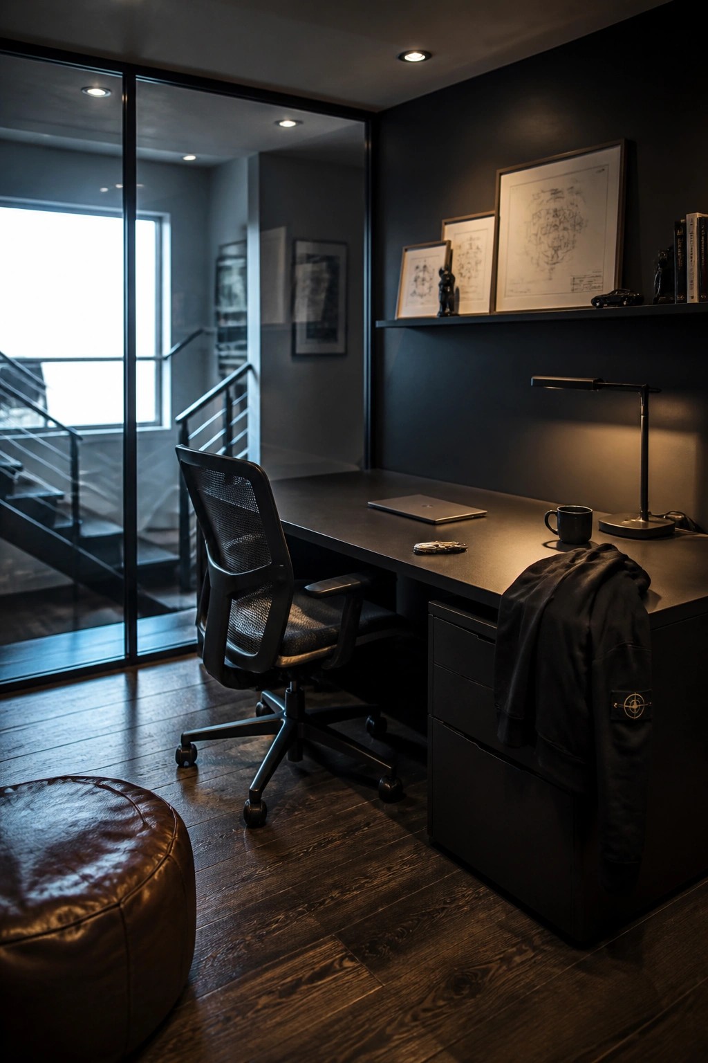 A modern home office with dark walls, a black desk and chair, framed art on a floating shelf, and a glass wall overlooking stairs.
