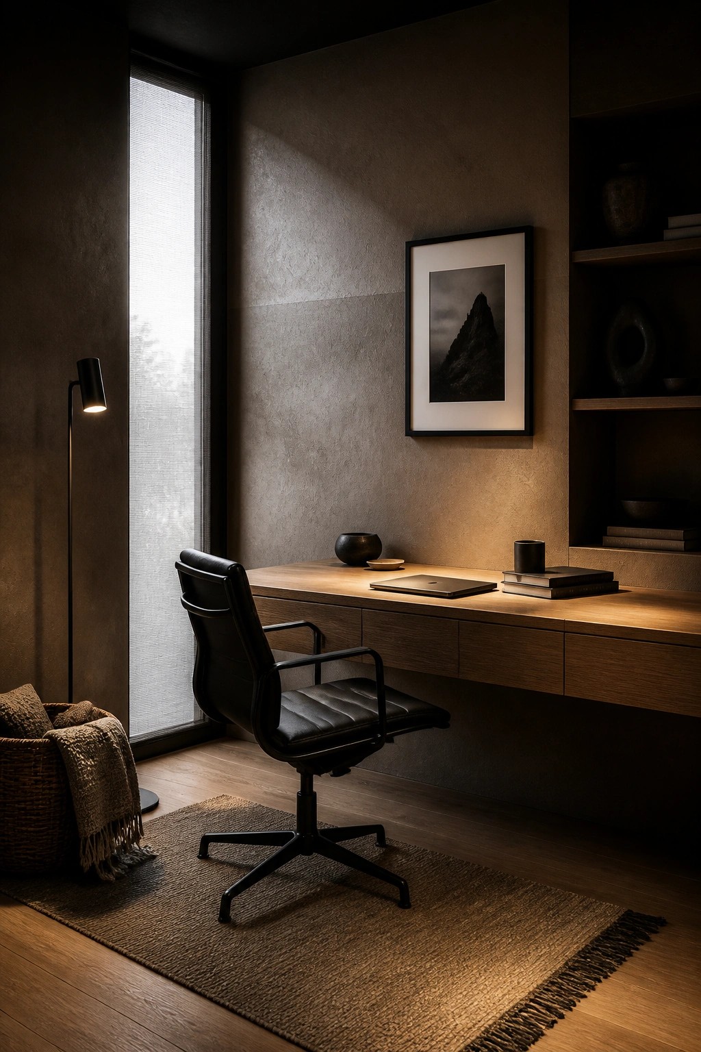 A home office with a floating wooden desk against a textured dark wall, a black leather office chair on a woven rug, a tall floor lamp near a window with sheer blinds, and minimal decor including a framed black and white photo and stacked books.