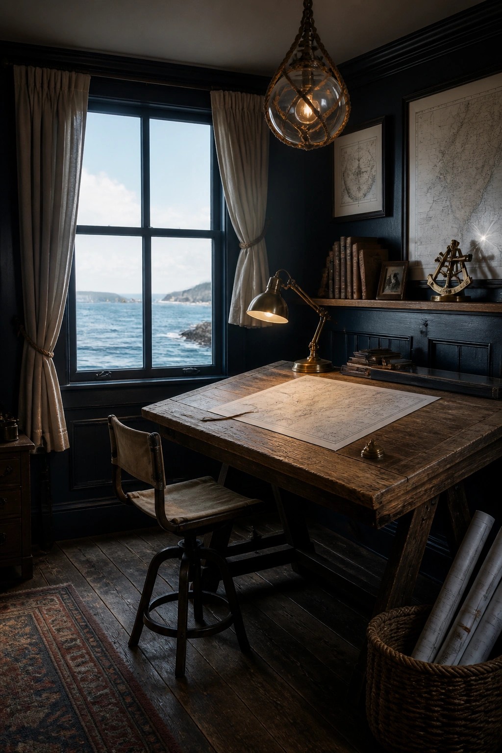 A masculine home office featuring a large wooden desk in front of a window with an ocean view, dark navy walls, and a lit brass desk lamp.