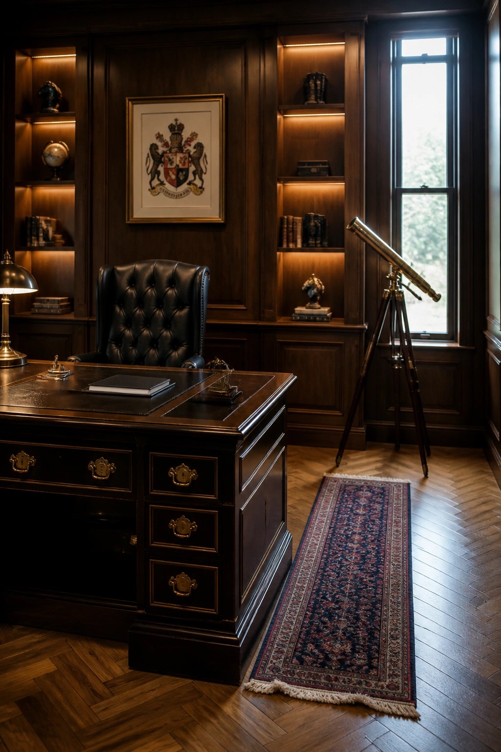 A traditional home office featuring dark wood paneling, recessed built-in shelves, a large wooden desk with a black leather chair, and a patterned rug on herringbone flooring.
