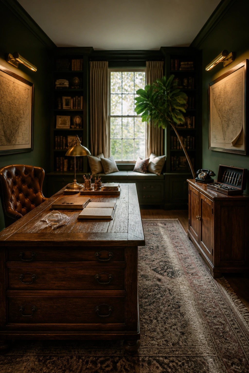 A home office with dark green walls, a large wooden desk, brown leather chair, built-in bookshelves, and a window with a cushioned seat.